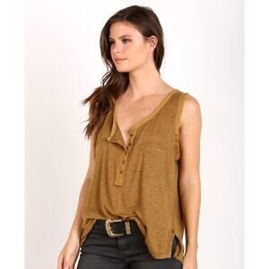 Free People Oversized Linen Button Tank Mustard Brown Yellow Women's Size XS